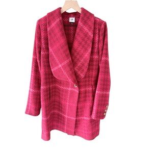 Cabi Evita Red Pink Plaid Tweed Belted Pea Coat Jacket Size M Style 4295